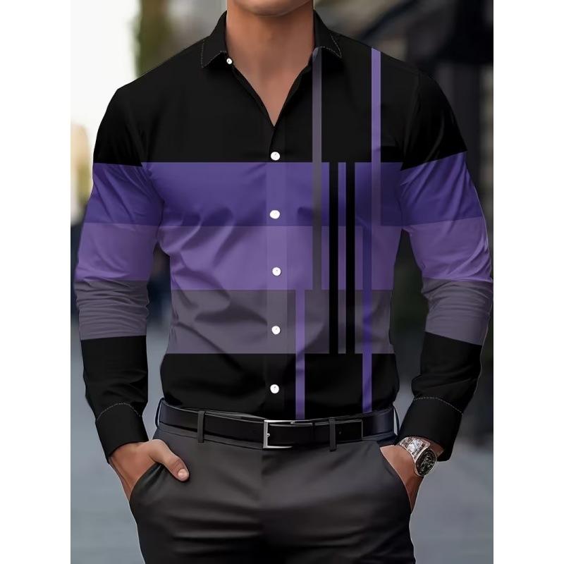 2026 Men Slim Fit Long Sleeve Geometric Line Print Dress Shirt Formal Business Casual Button Down Office Top Camisa Masculina