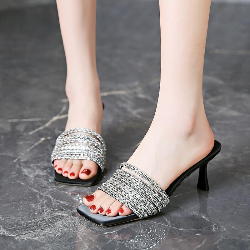 

Fashion rhinestone narrow band slippers women high heels summer shoes glitter beading sandalias mujer thin heel slides footwear 2025 35 чёрный