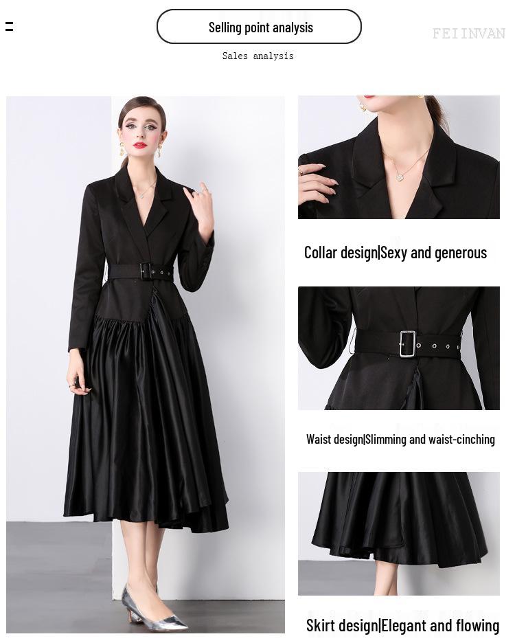 Stylish French Suit Dress with Dramatic Stitching and Midi Swing Design