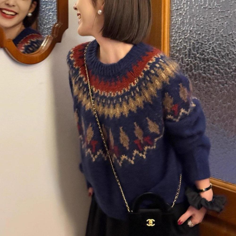 Navy Blue Fair Isle Knit Mohair Sweater for Women - Autumn/Winter Korean Style Christmas Atmosphere Loose Fit