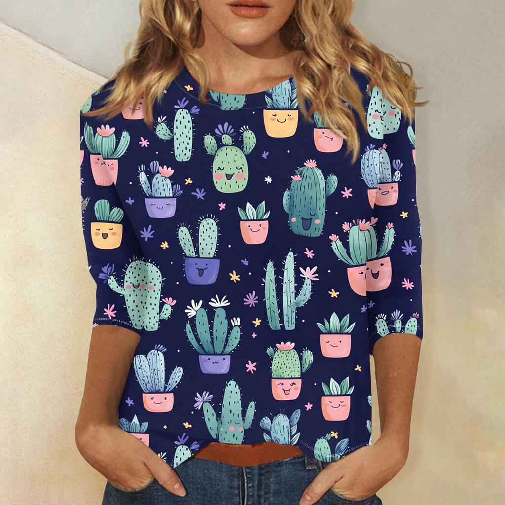 Women's Fashion Loose Casual Seven Sleeve Printed Round Neck Top