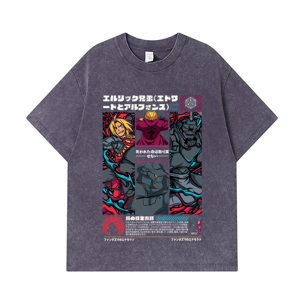 275 GSM Washed T-shirts 100% Cotton Fullmetal Alchemist V3 Print Unisex Heavy Cotton T Shirt