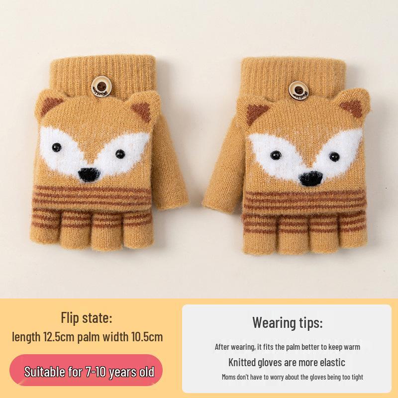 Kids' Cute Flip-Top Fingerless Fox Gloves - Warm Cartoon Design for Autumn and Winter