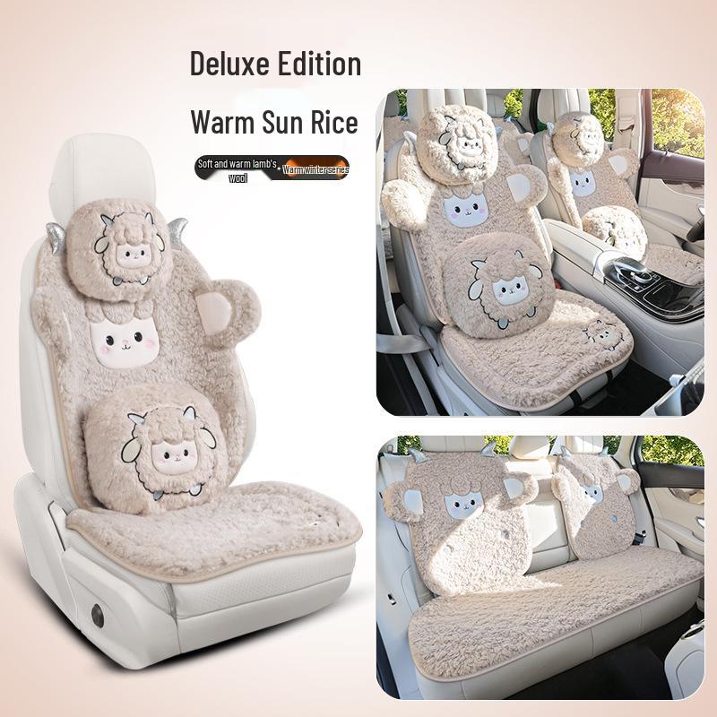 Universal Embroidered Lambswool Car Seat Cushion Set - Winter Warm 3-Piece Interior Decor.