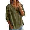 Damen Leinen Baumwolle Henley-Kragen Knopfleiste Dreiviertelärm Lockerer Schnitt Freizeitbluse Hemd Top für den täglichen Gebrauch
