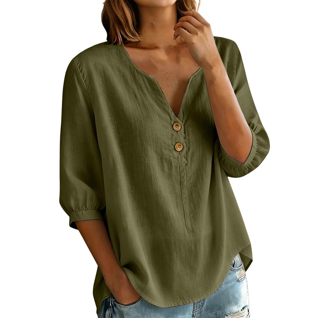Damen Leinen Baumwolle Henley-Kragen Knopfleiste Dreiviertelärm Lockerer Schnitt Freizeitbluse Hemd Top für den täglichen Gebrauch