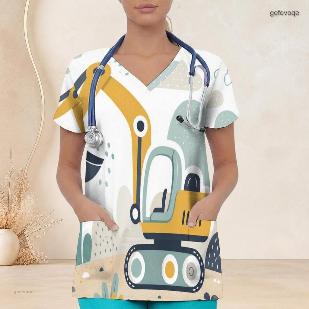 Women Plus Size V Neck Short Sleeve Cartoon Excavator Printed Scrub Top With Front Pockets