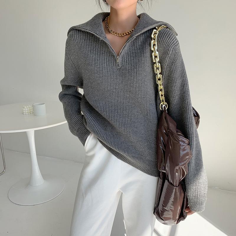 Women's Half-Zip Stand-Up Collar Sweater - Soft, Loose, Lazy Style Knit for Autumn & Winter