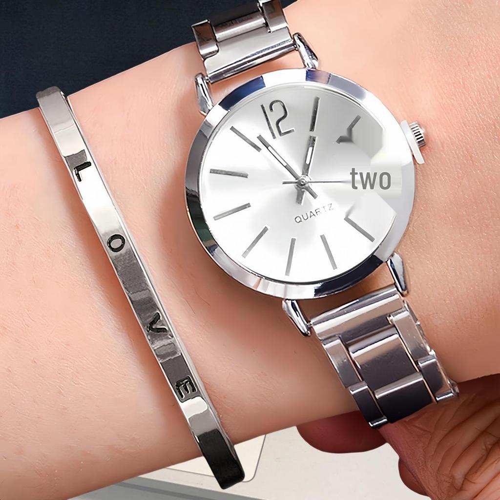 Women's Trendy Stainless Steel Quartz Watch & Bracelet Set