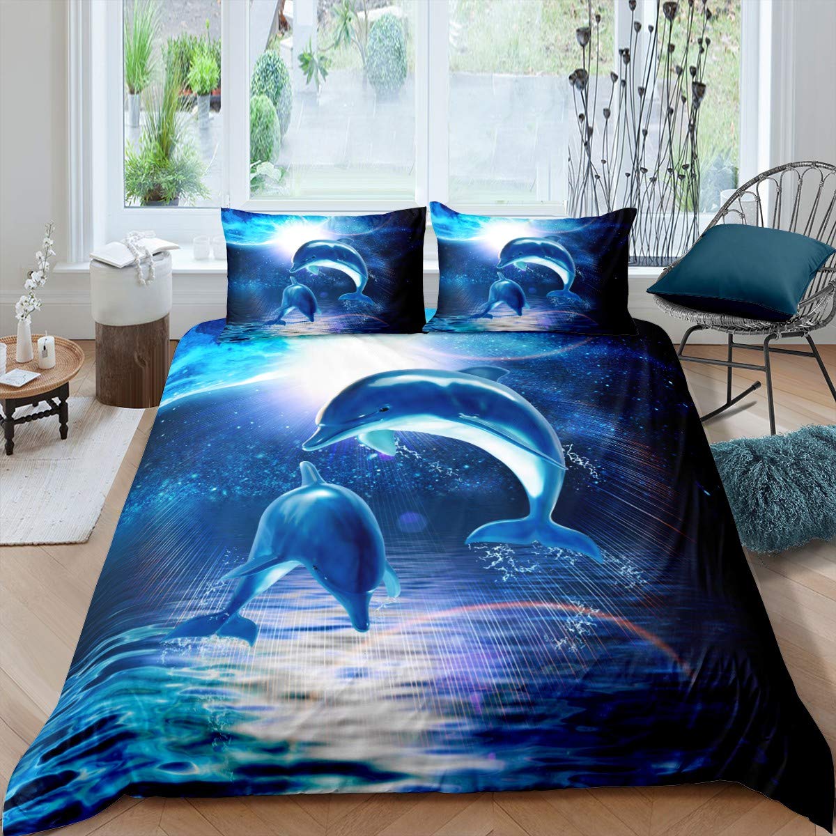

3D Dolphin In Blue Sea Quen King-Sized Dimensionsd Dimensions Beding Sets Animal Single Quilt Soft Duvet Cover Set Children Kids Adult People Bed 100*200cm Single