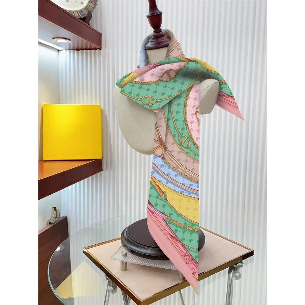 90Cm French Love Circle Belt Chain High Quality Twill Silk Shawl Sunscreen Large Square Scarf Decorative Scarf