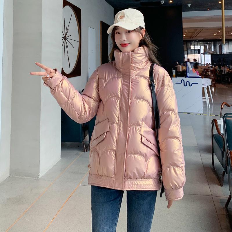 Bright Short Cotton-padded Jacket Female Korean Version of The Loose Year New Stand-up Collar Down Cotton-padded Jacket Students Light Winter Coat.