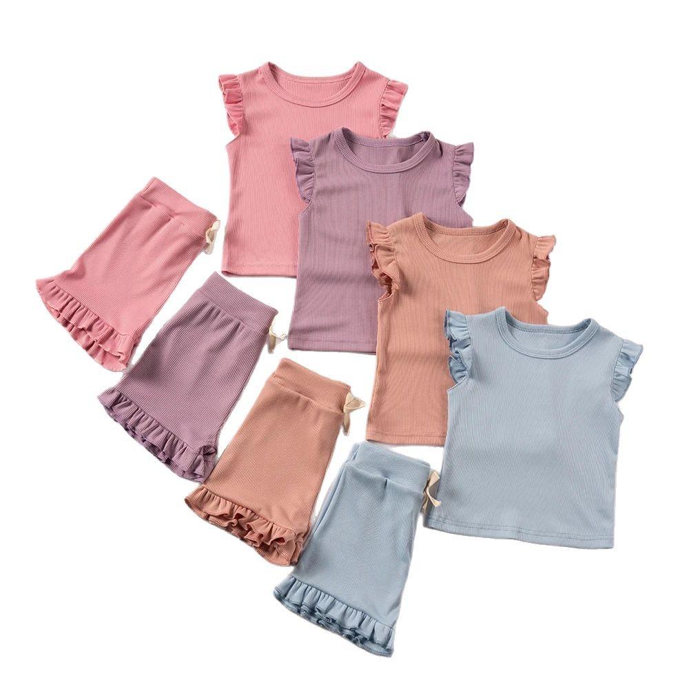 Girls' Solid Color Short Sleeve Shorts Set 2025 Summer Children's Fashion Set