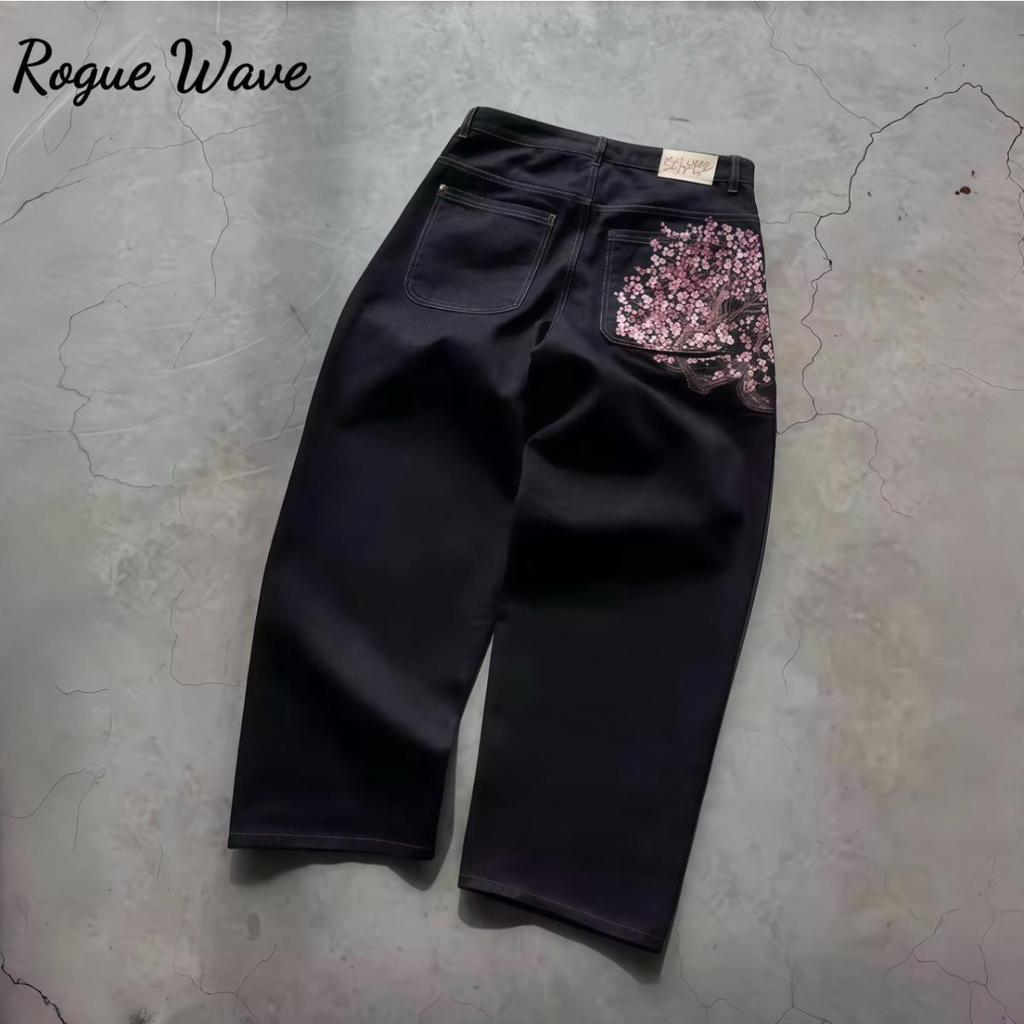 RogueWave Kirschblüten Selvedge Stickerei Denim Hose Y2k Retro Lässig Baggy Gerade Weites Bein Jeans Hohe Qualität Hiphop Streetwear