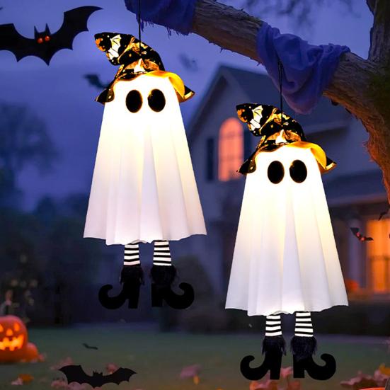 Halloween Hanging Ghosts with Witch Hat Glowing Ghost Witch Hat Lights Creepy Garden Yard Party Decorations