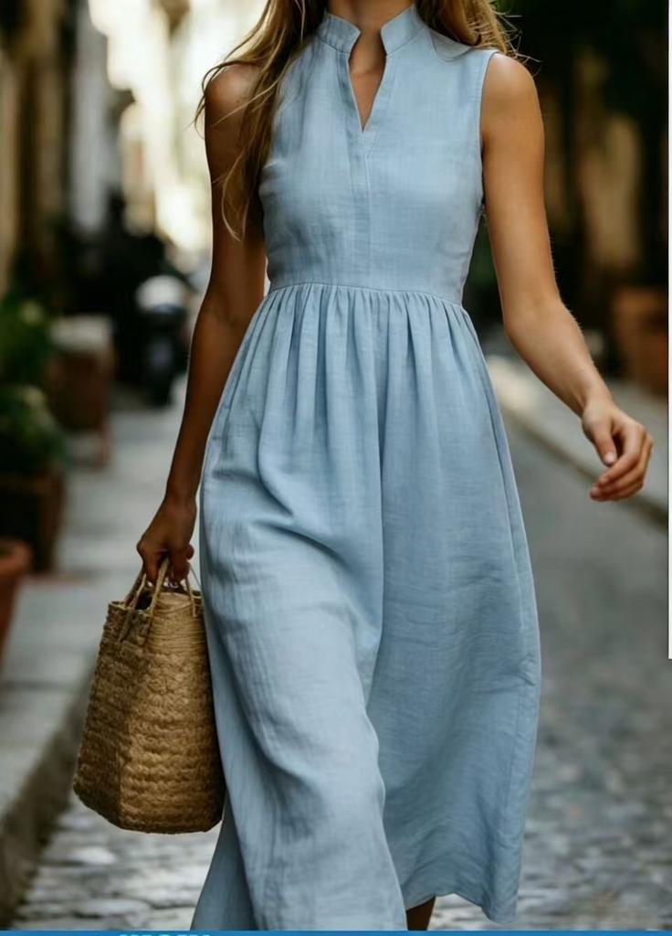 European, American spring and summer new temperament V-neck sleeveless commuter stand-up collar shirt long dress