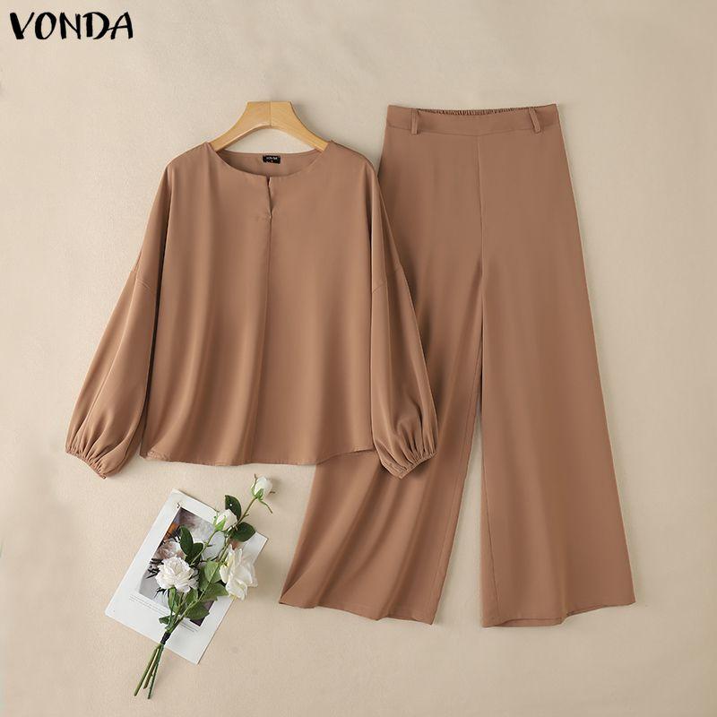 VONDA Elegant Women Outfits Puff Sleeve Blouse and Zip-up Trousers Casual Two Piece  Sets