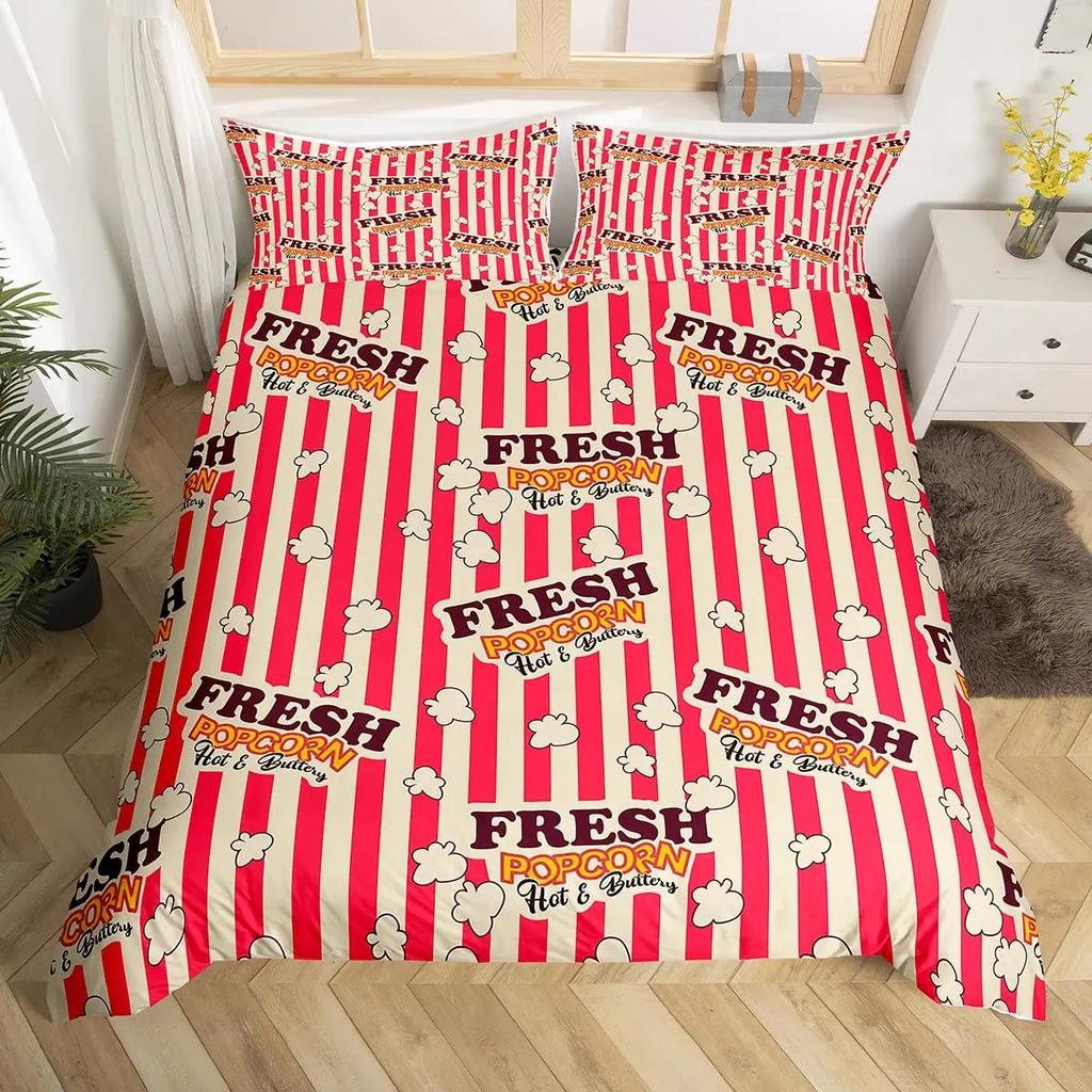Popcorn Duvet Cover Movie Theater Food Bedding Set Microfiber Cinema Poster Comforter Cover Twin Full For Kids Teens Room Decor