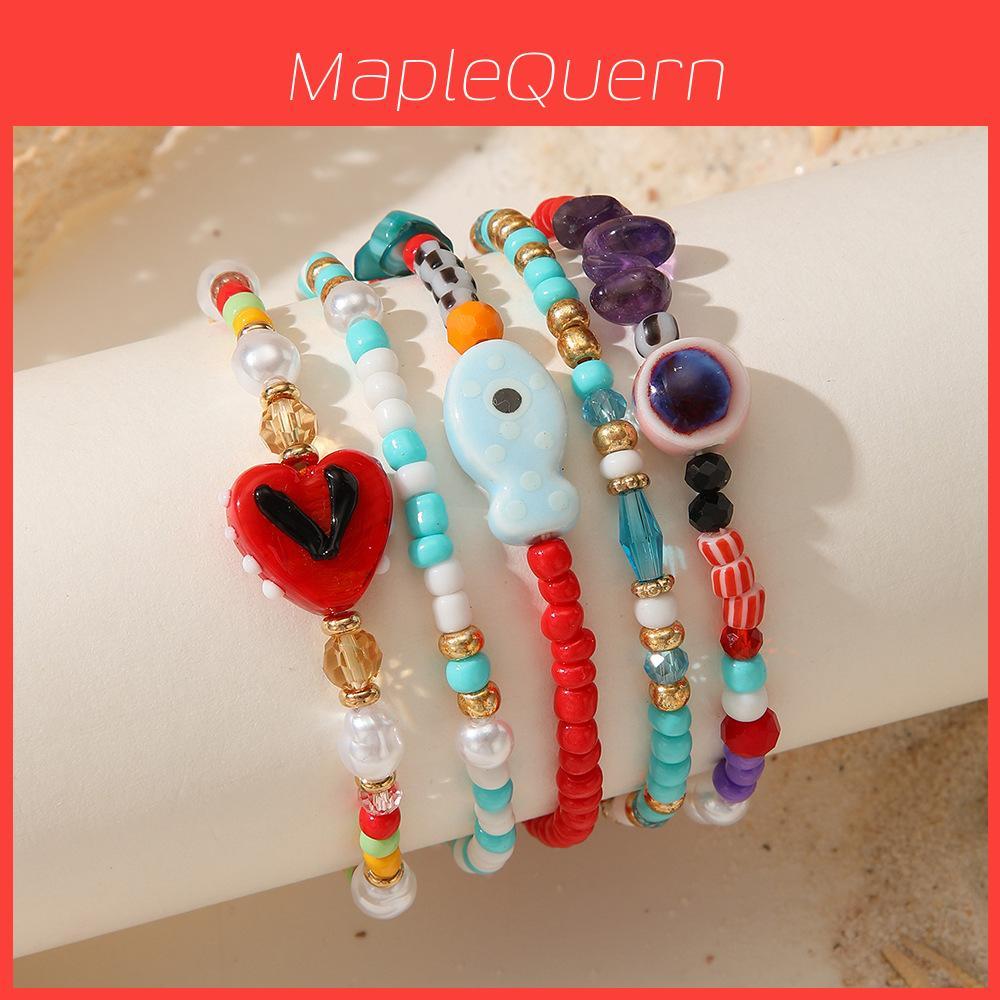Bohemian Style Multicolored Glass Beaded Bracelet With Heart And Evil Eye For Vacation Gift For Women