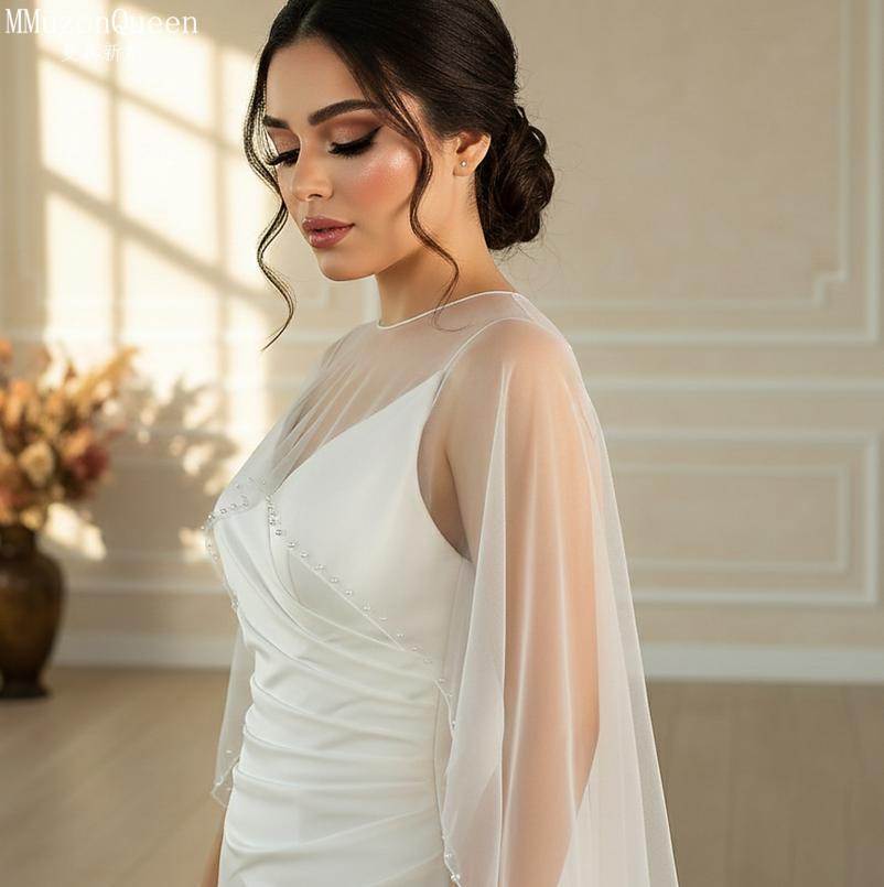 Beaded Edge Tulle Cape Train Shawl Front Short Back Long Sheer Bridal Wrap White & Black For Strapless Wedding Gown Evening Party Photoshoot