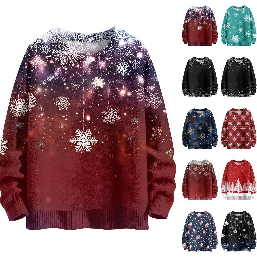 Women's Fashion Casual Long Sleeve Christmas Printed Round Neck Knitted Top