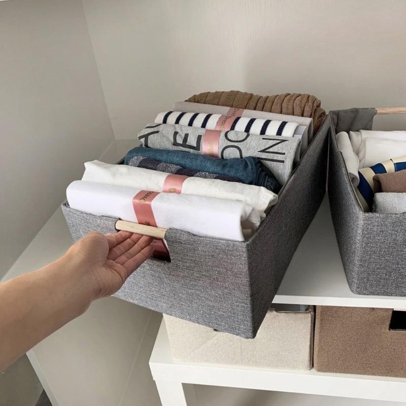 Sturdy Fabric Storage Bin With Reinforced Bottom Wooden Handles for Bedroom Office