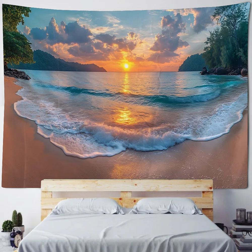 Colorful Sky Beach Sunrise Tapestry - Wall Hanging Bed Blanket Beach Picnic Mat for Home Studio Decoration