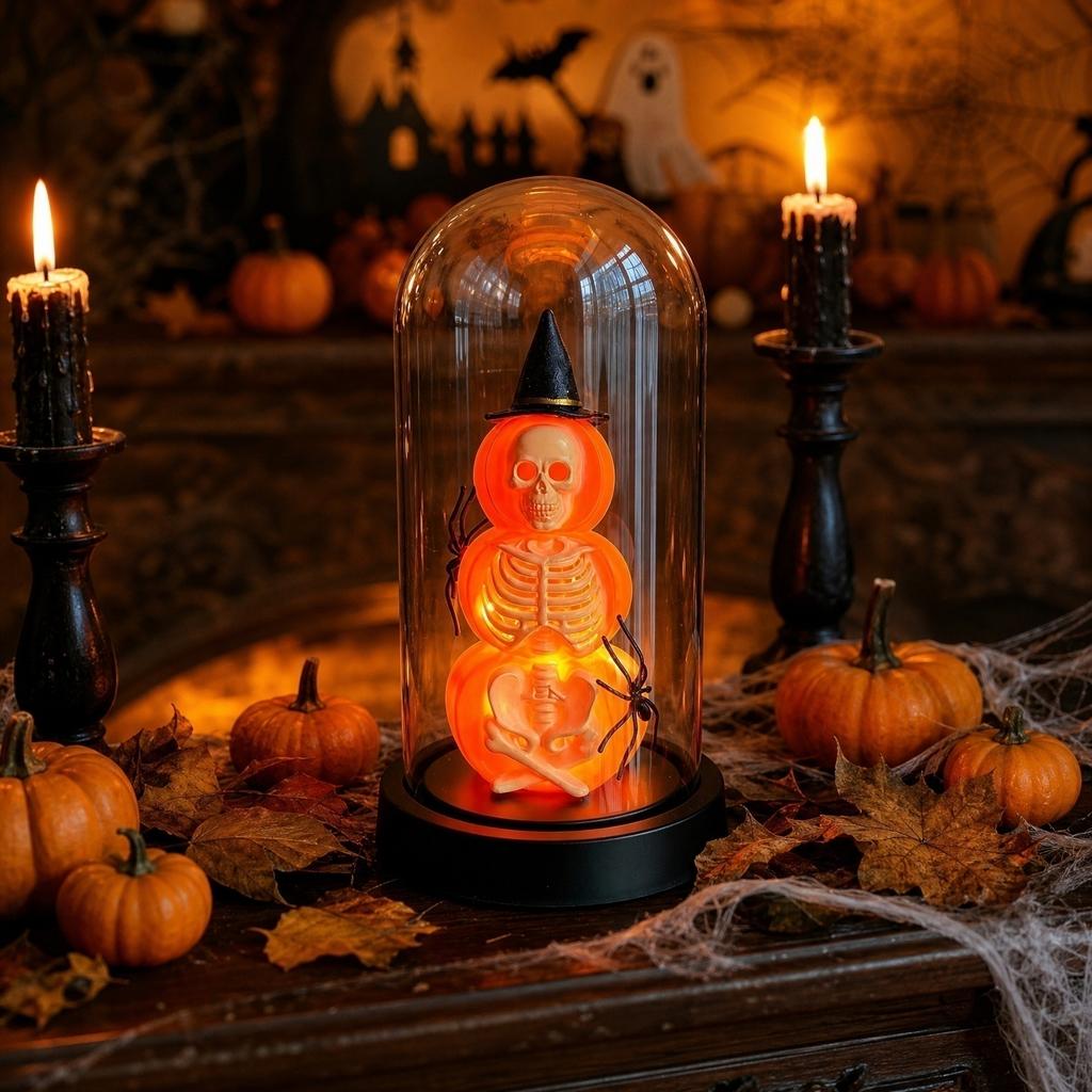 Halloween Pumpkin Skeleton Figurine Decoration Under Glass Dome with Spider Accents Battery Operated Halloween Scene Prop for Seasonal Display
