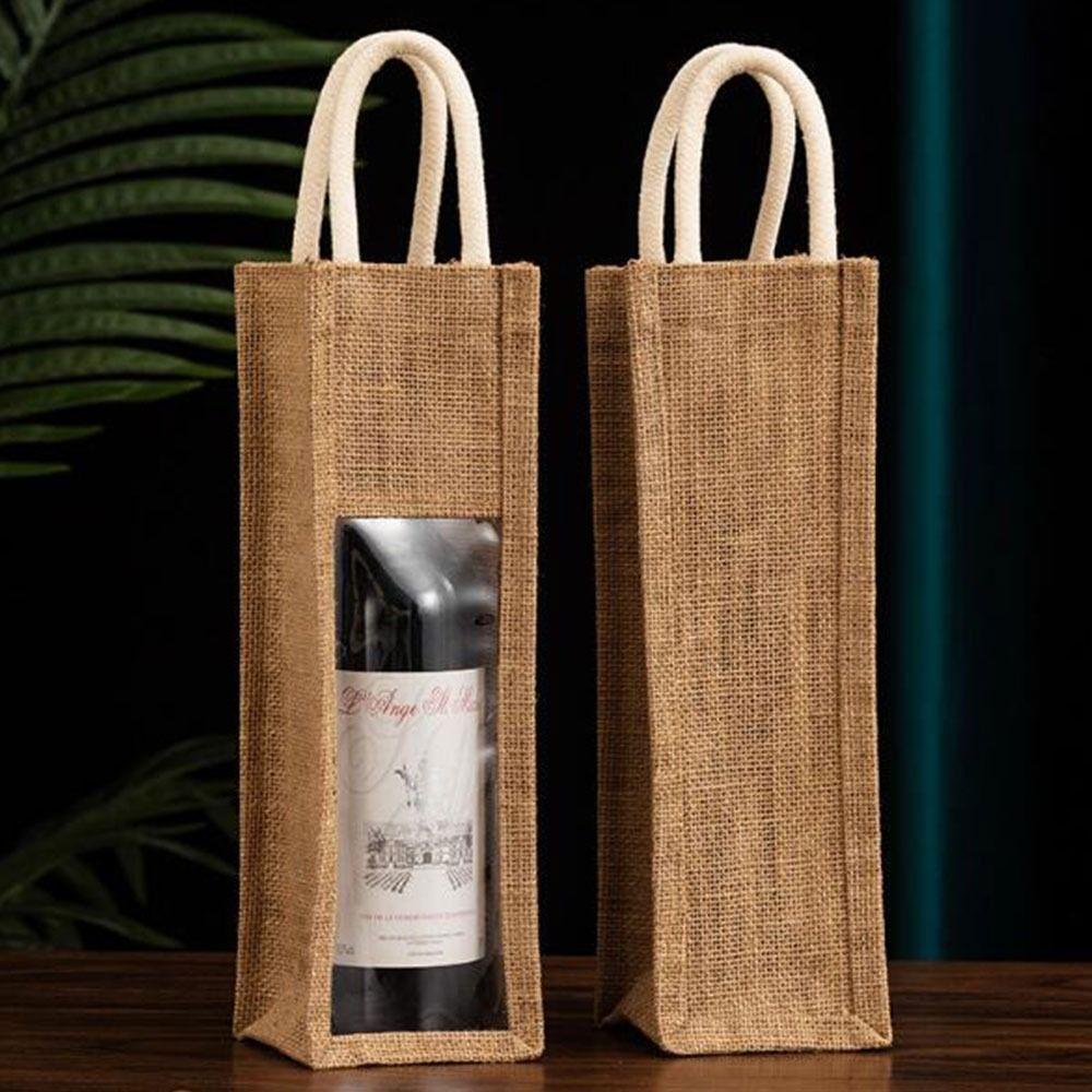 with Window and Handle Wine Carrier Tote Bags Reusable Wine Gift Box Burlap Wine Bottle Bags