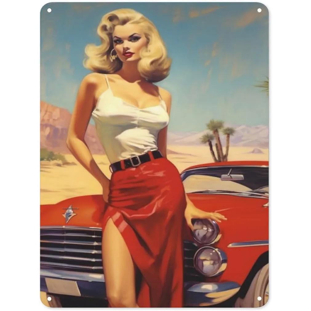 Vintage Pinup Girl Fast & Sexy Girls Classic Car Automobile Metal Tin Sings For Man Cave Garage Bar Cafe Clubs Car Decor Posters