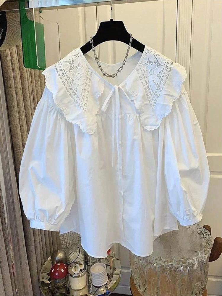 Cross2026 Women s Sweet Doll Collar Loose Long Sleeve Versatile Shirt Medium белый
