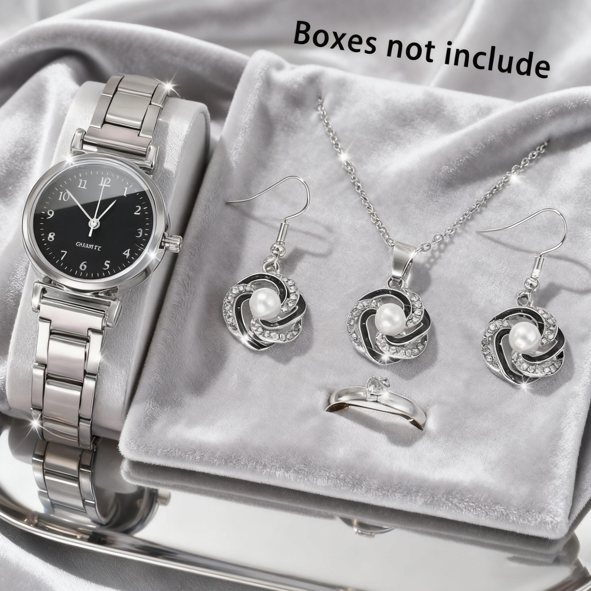 

Серебристые кварцевые часы с жемчугом и бриллиантами, пятипредметный набор с ожерельем, серьгами, кольцом - Модный комплект для сочетания серебряный