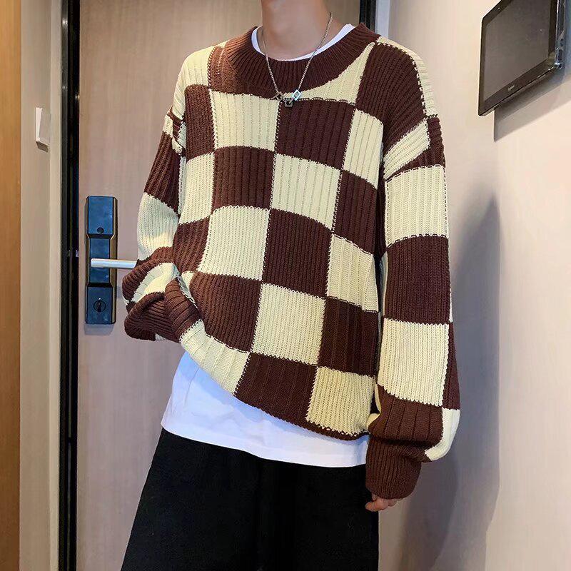 Unisex Japanese Checkered Knitted Sweater - High-End Autumn/Winter Style, Round Neck, Long Sleeves, Warm and Cozy.