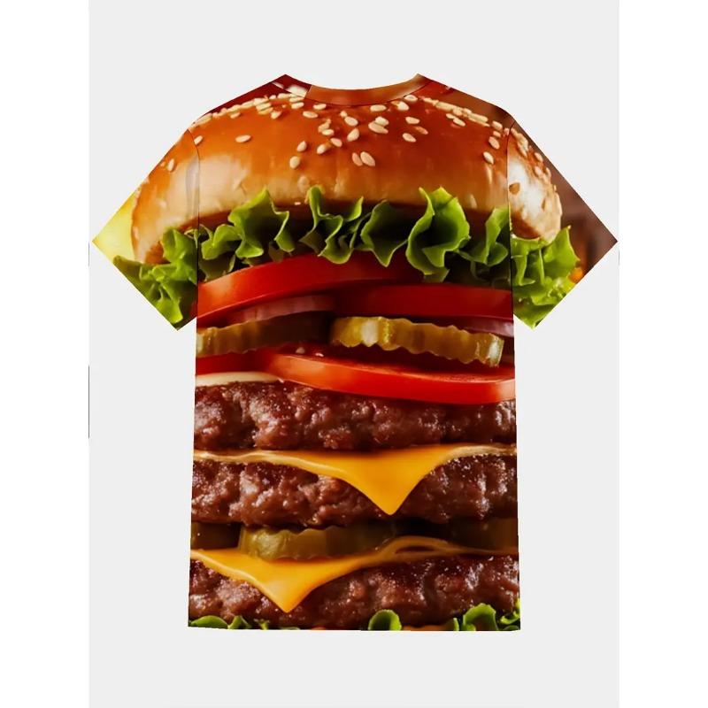 Large Men's French Fries Hamburger Pattern 3D Printed Men's Round Neck Short Sleeved T-shirt Summer Fashion T-shirt Casual Comfortable Versatile Top