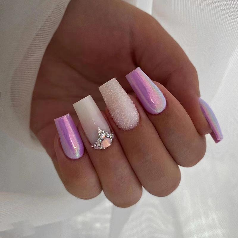 Purple Aurora Rhinestone Long Ballet False Nails