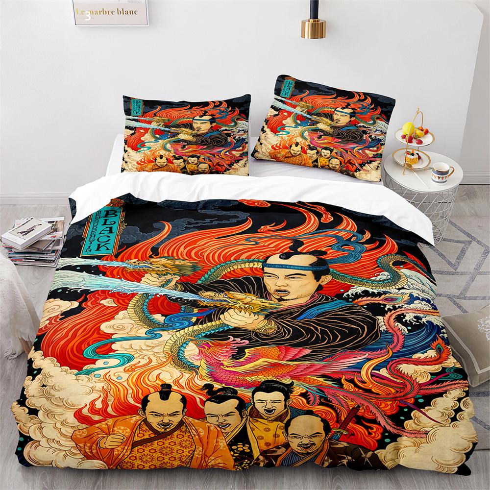 Japanese-Style Bedding Set Ukiyo-e Theme Comforter Cover Sea Wave Red Sun Pattern Decor Duvet Cover For Kids Teen King Full Size