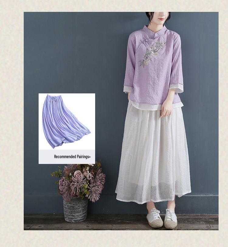 Women's Retro Embroidered V-Neck Cotton Linen T-Shirt: Casual, Literary Style for Spring-Summer-Autumn 2024 Collection