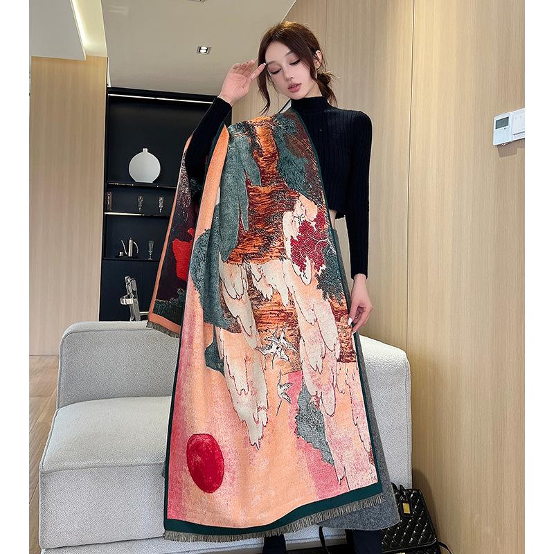Autumn and Winter High end Scarf for Women New Versatile Fashionable Traditional Chinese Painting Scarf Warm New Chinese Style Tassel Shawl