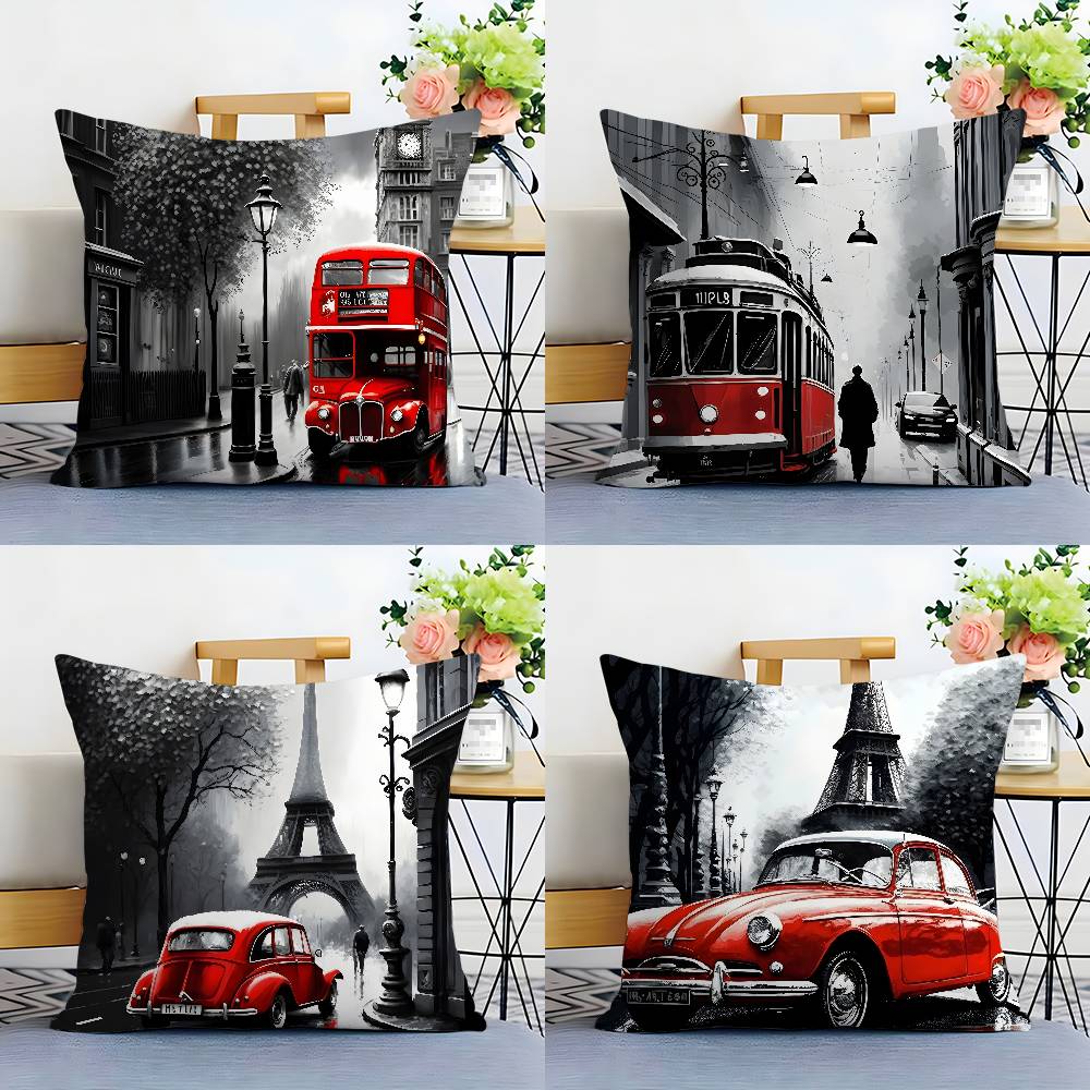 Urban Bus Car London Sreet Eiffel Tower Pillow Case Sofa Decorative Home Double-Sided Printing Short Plush Cushion Pillow Cover