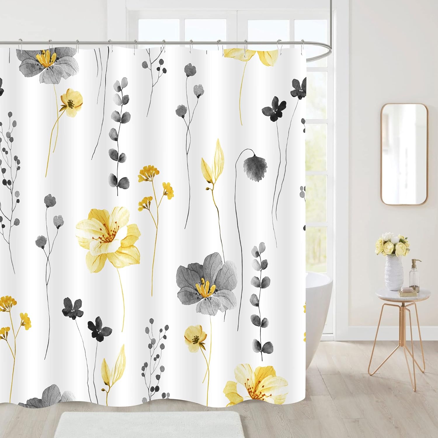 

Yellow & Grey Watercolor Floral Shower Curtain – Modern Minimalist Design, Elegant Bathroom Decor W60H190(CM)-1 Pcs