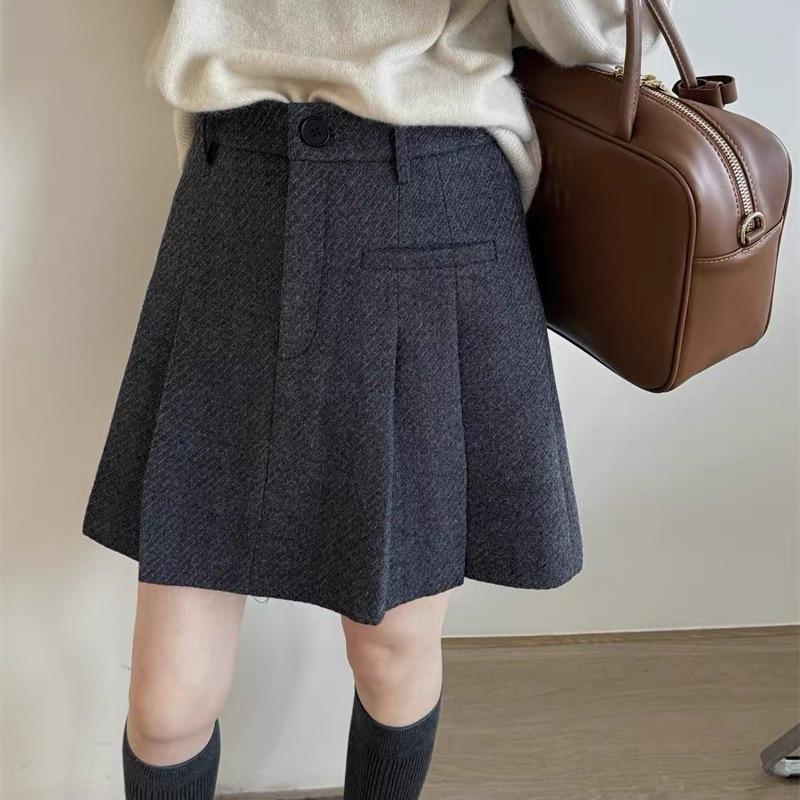 High Waist Pleated A-Line Wool Skirt - Women's Autumn/Winter, Anti-Exposure, Slimming Academy Style Mini Skirt.