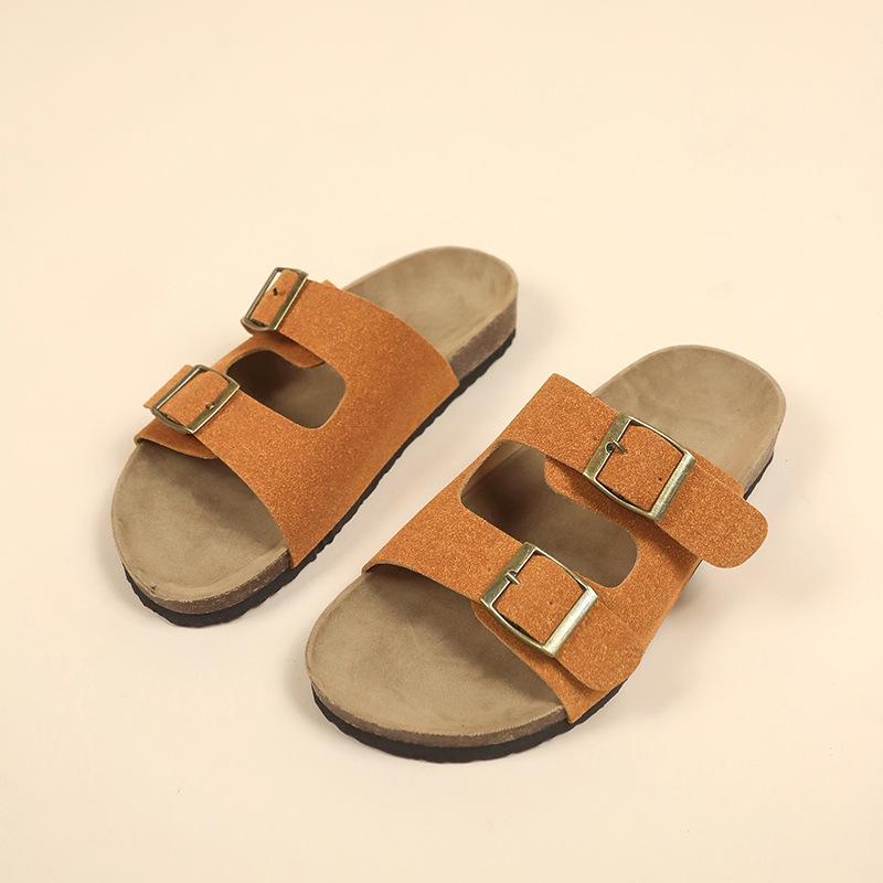 Retro Dicksohlige Boken Schuhe für Damen Sommer Doppelschnalle Rundzehen-Slipper Rutschfeste Strandschuhe