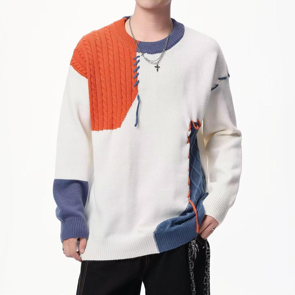 Men's Patchwork Color Block Sweater - Winter Casual Loose Fit Knitwear with Personality Design