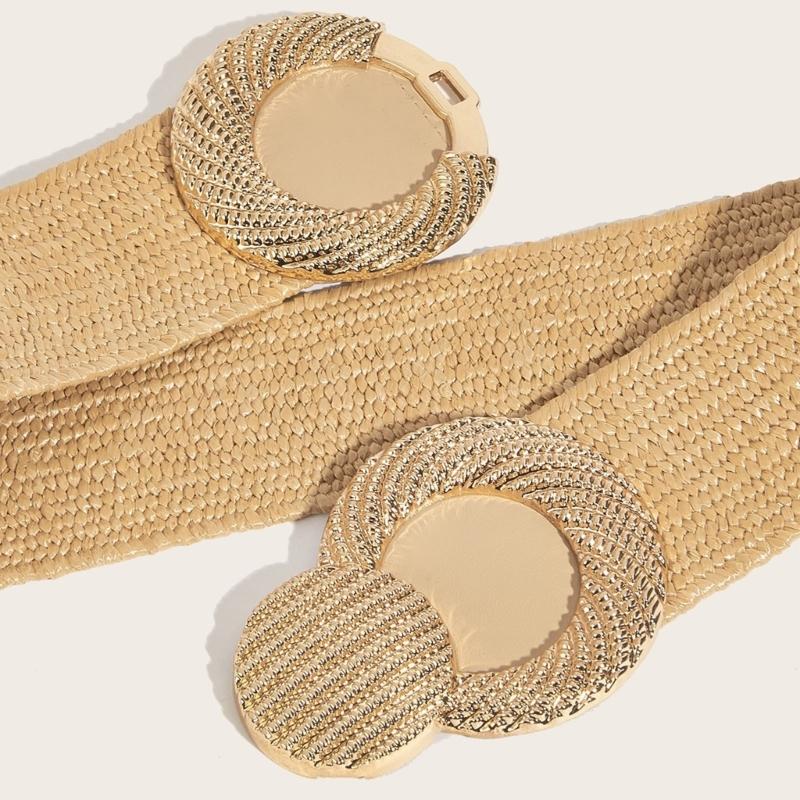 Straw Weaving Women Waist Belt with Gold Buckle Bohemian Hand Weaving Belt