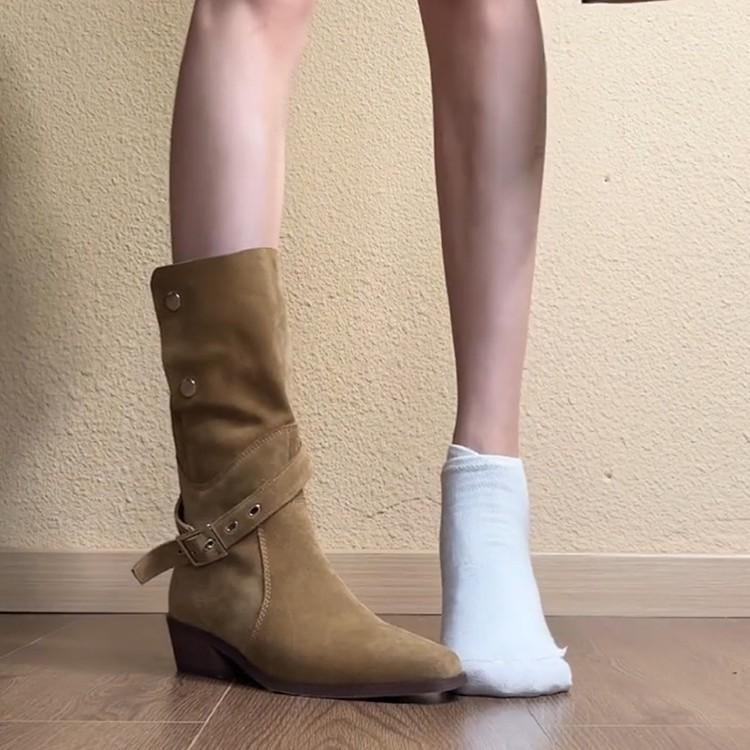 Soft Leather Version~ Handsome Frosted Leather Square Head Knight Boots Belt Buckle Fold Over Two Wear Buckle Thick Heel Desert Western Boots