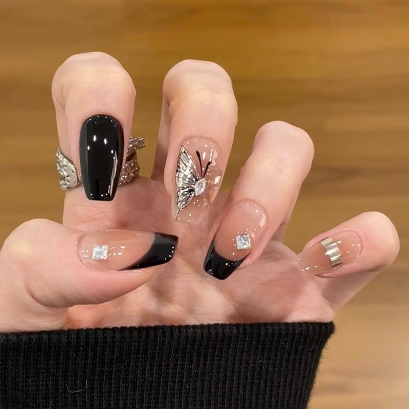 

Роскошный маникюр со стразами в французском стиле, накладные ногти-бабочки - Трендовый стиль Xiaohongshu Handmade Nails M - 10 pieces/bag