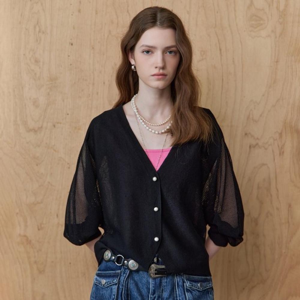 MAXZA Pearl Button V Neck Sheer Knit Cardigan Ze06qd002na