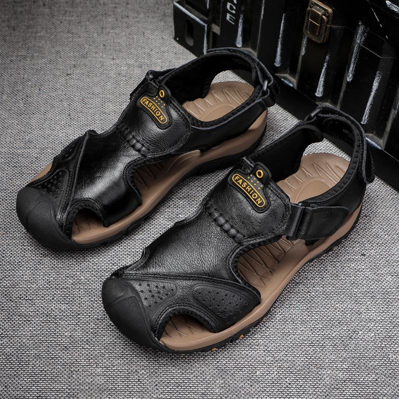 

Summer plus men s outdoor sports bag head leather sandals casual anti-kick beach shoes 48 тёмно-рыжий