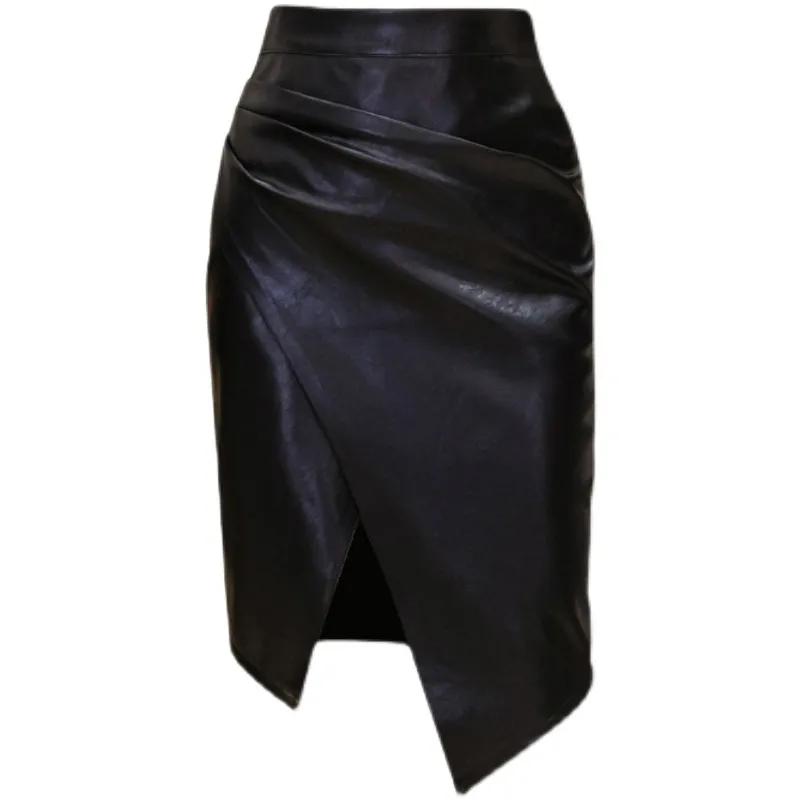Fashion Office Women's PU Leather Skirt Irregualer High Waist Slim Midi Length Women's Skirts Plus Size