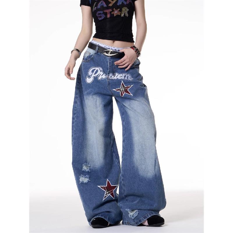 New letter and star embroidered gradient wide-leg jeans for women, loose, casual, versatile, textured, floor-length pants